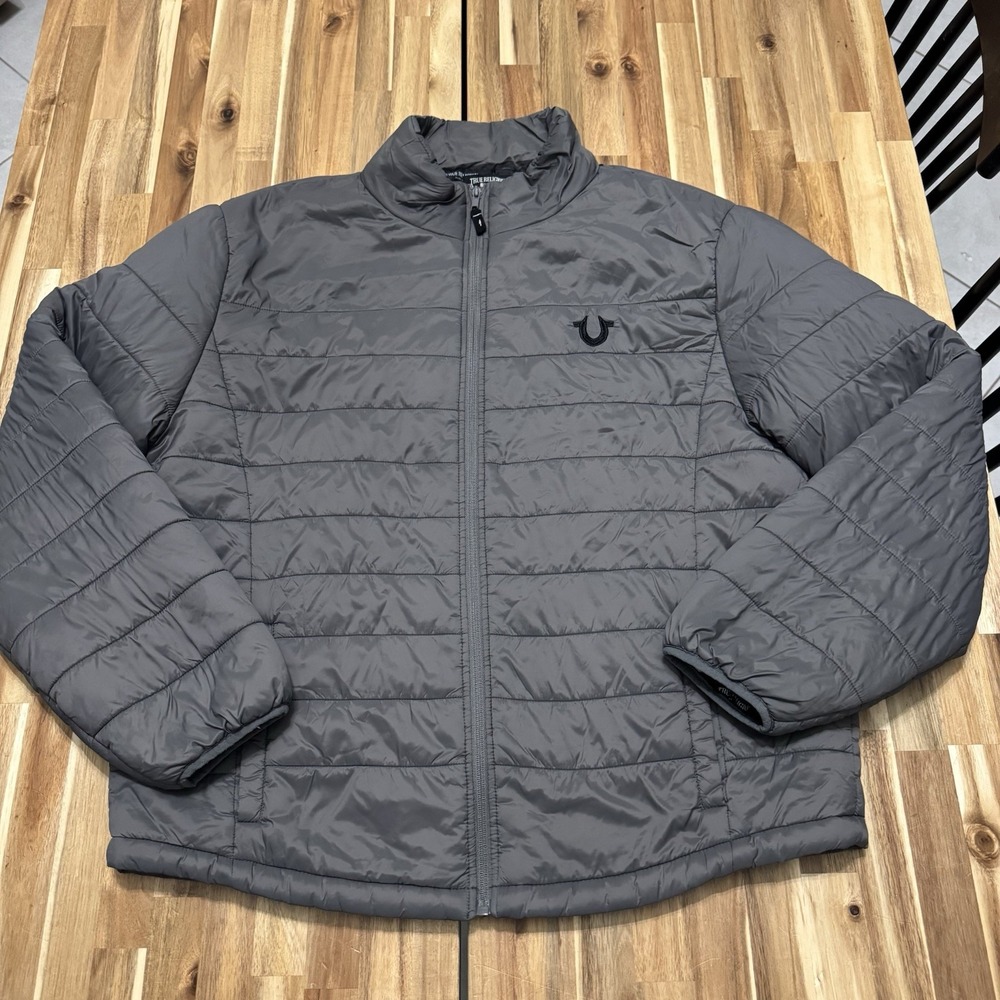 True Religion Puffer Jacket Mens 2XL Gray Full Zip Quilted Outdoor Lightweight